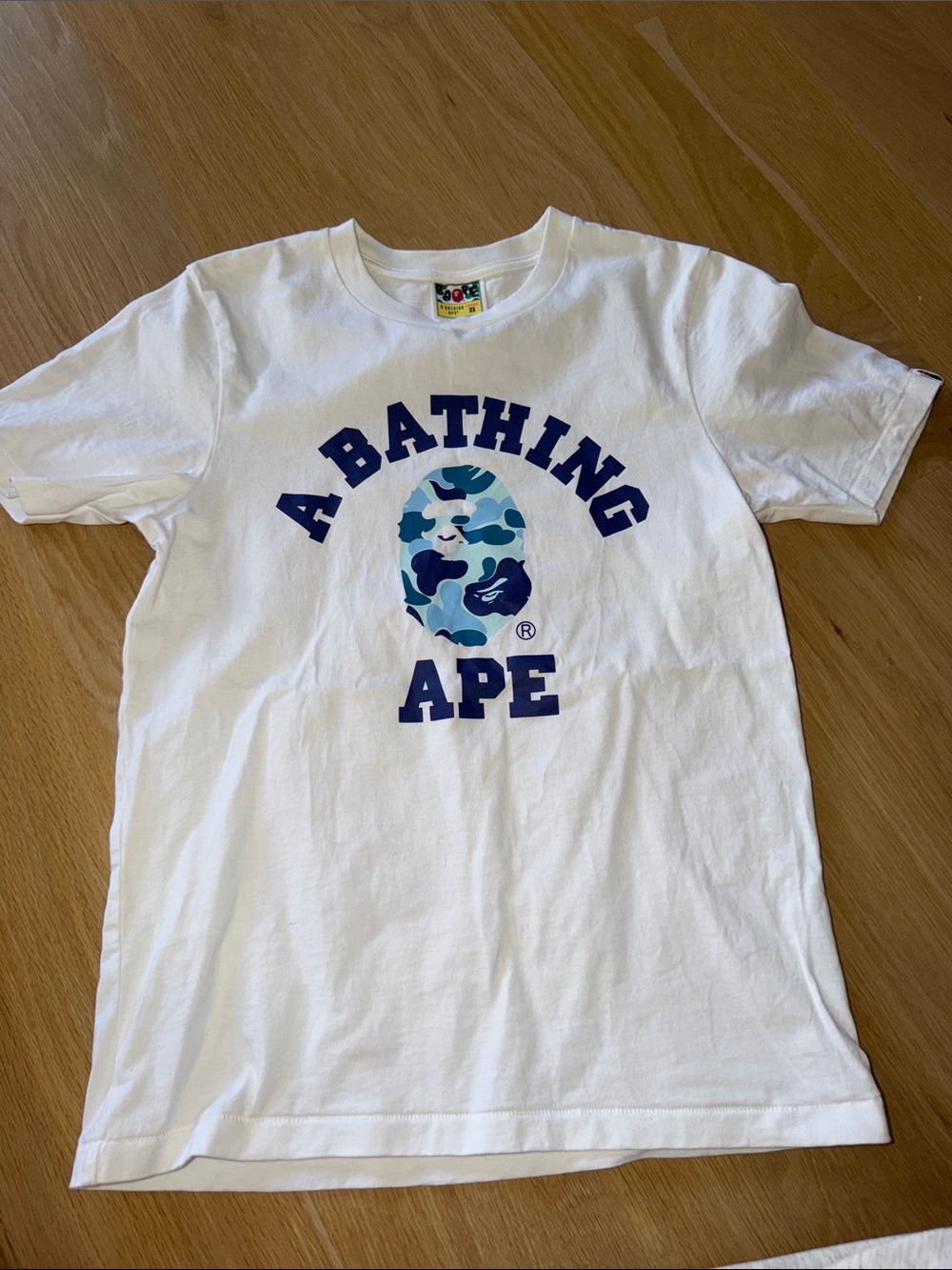 A Bathing Ape Kids' White Tee with Blue Camo Logo